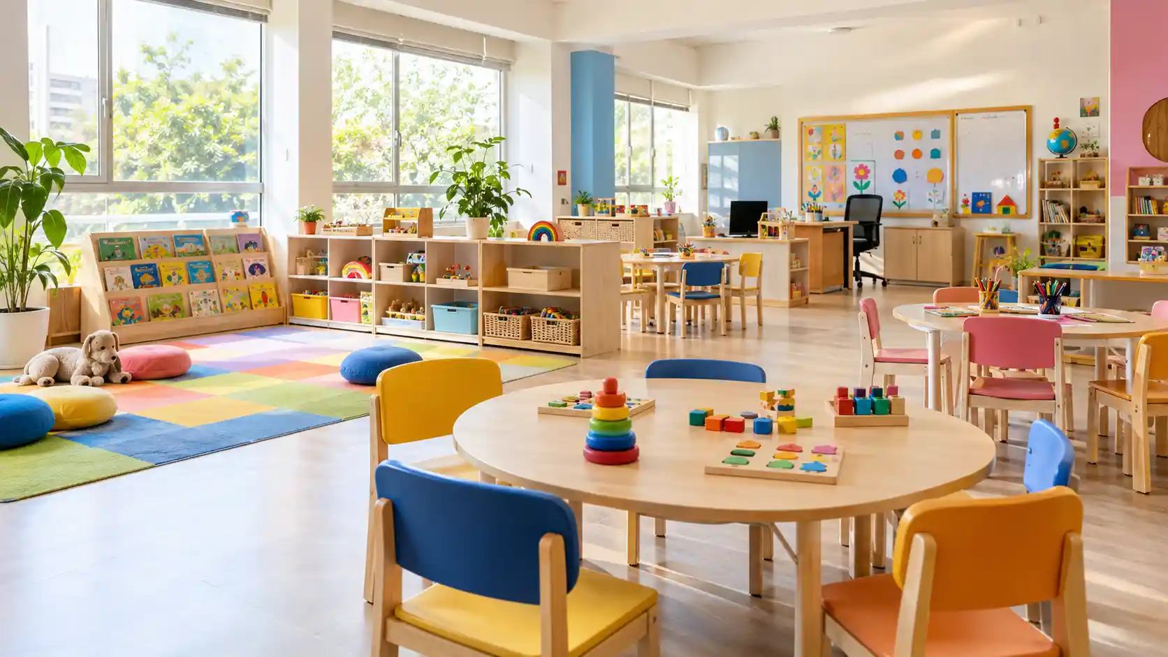 A bright Hexabee Kids classroom with learning areas and child-sized tables