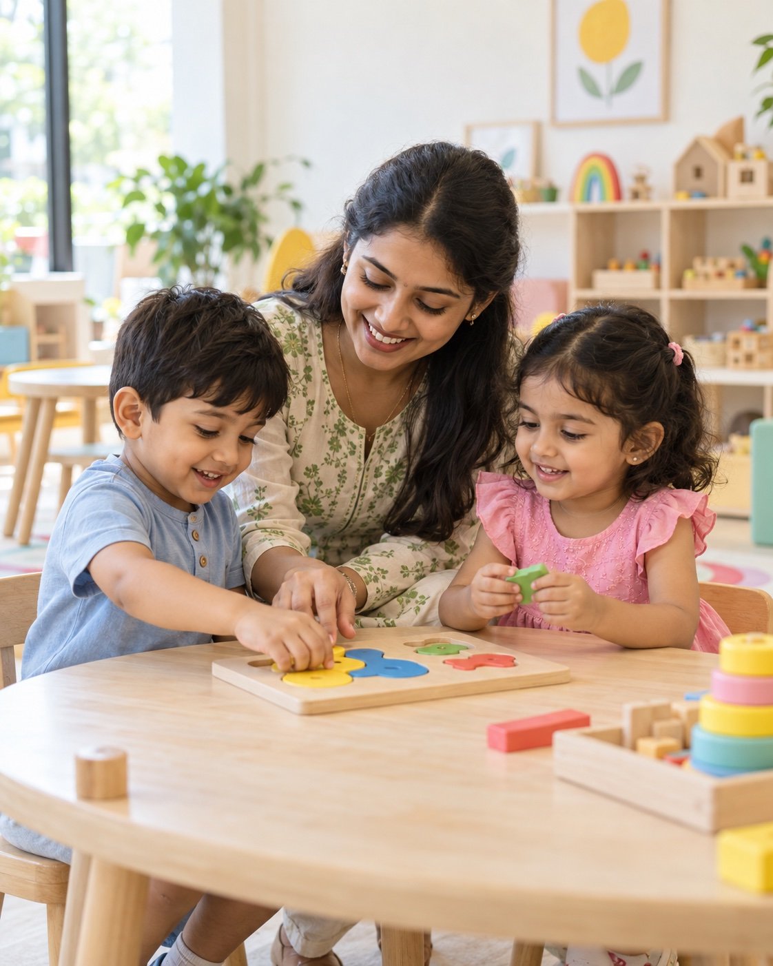 A caring preschool mentor helping two children learn with a wooden puzzle