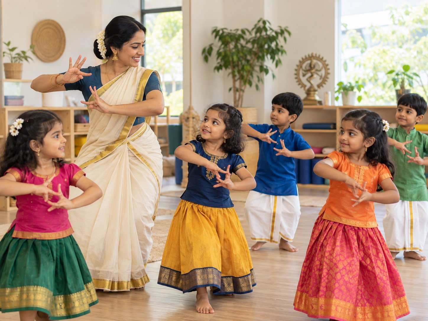 Children learning Indian classical dance gestures from an instructor