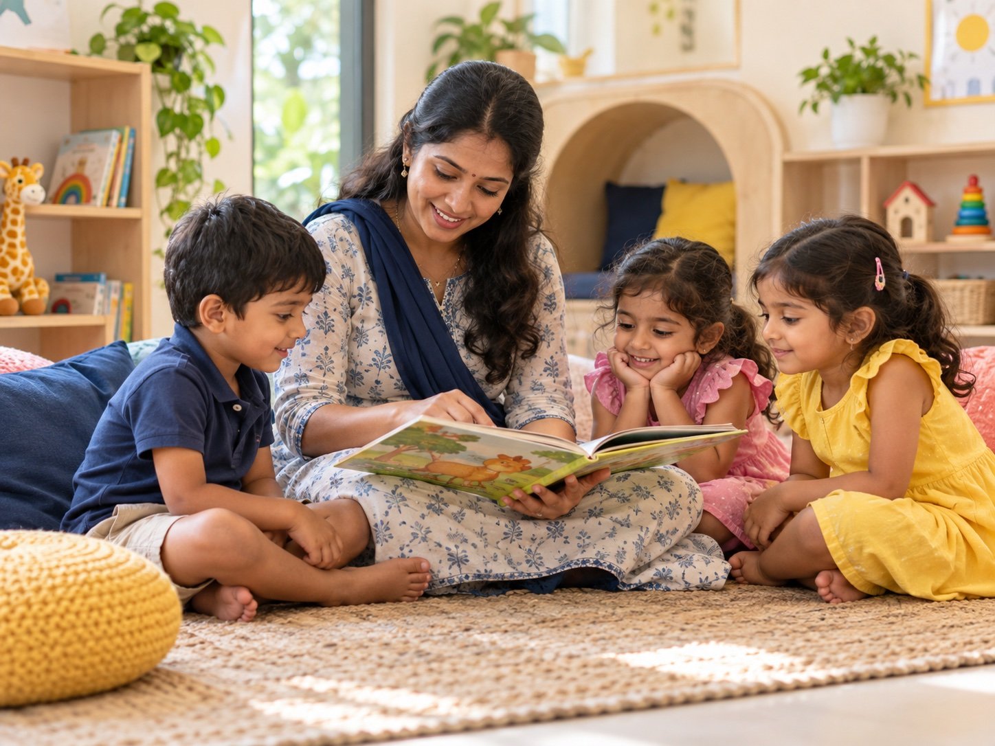 A caregiver reading a picture book with children in a cozy day-care space
