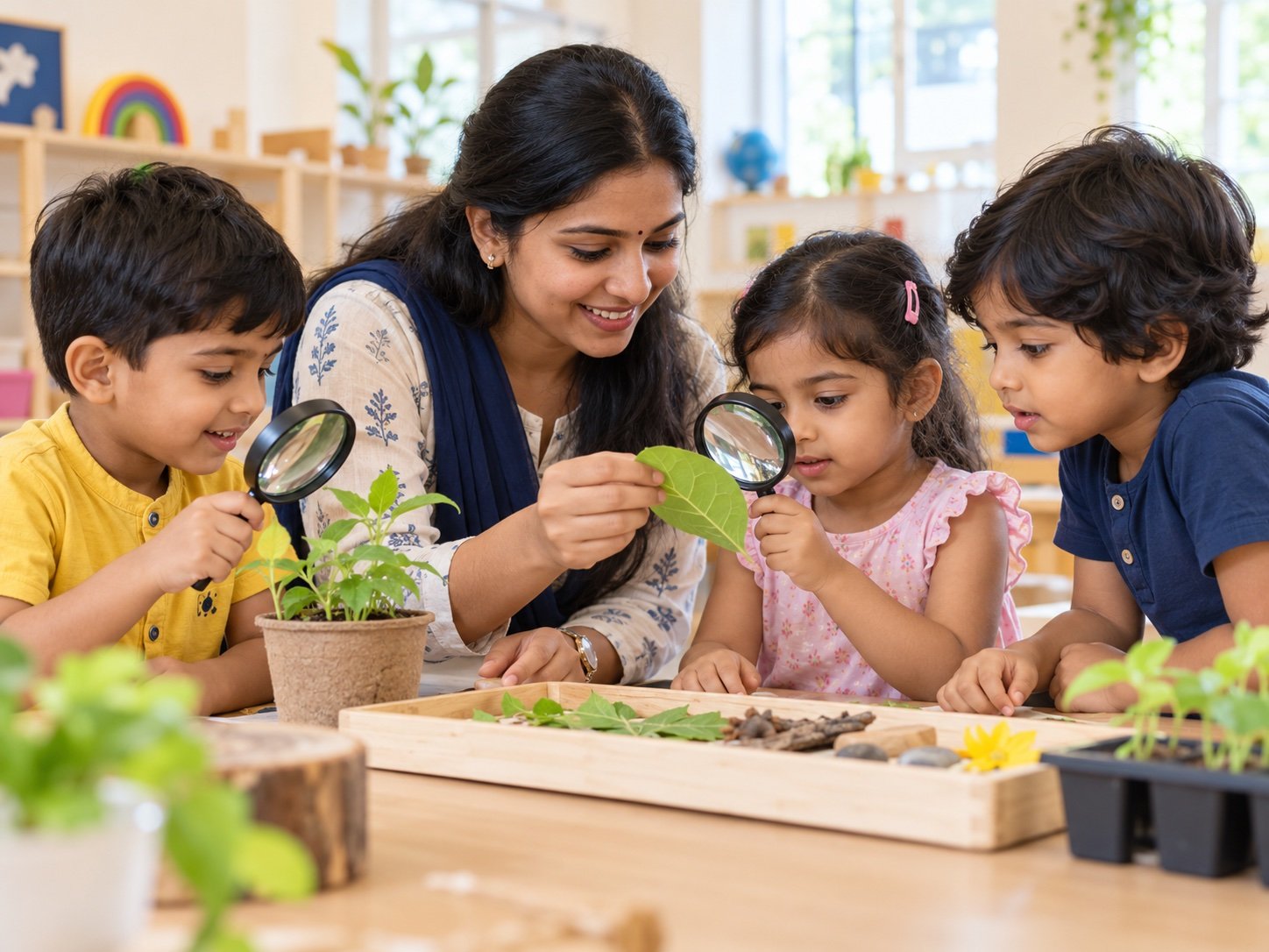 Children investigating leaves and seedlings with magnifying glasses