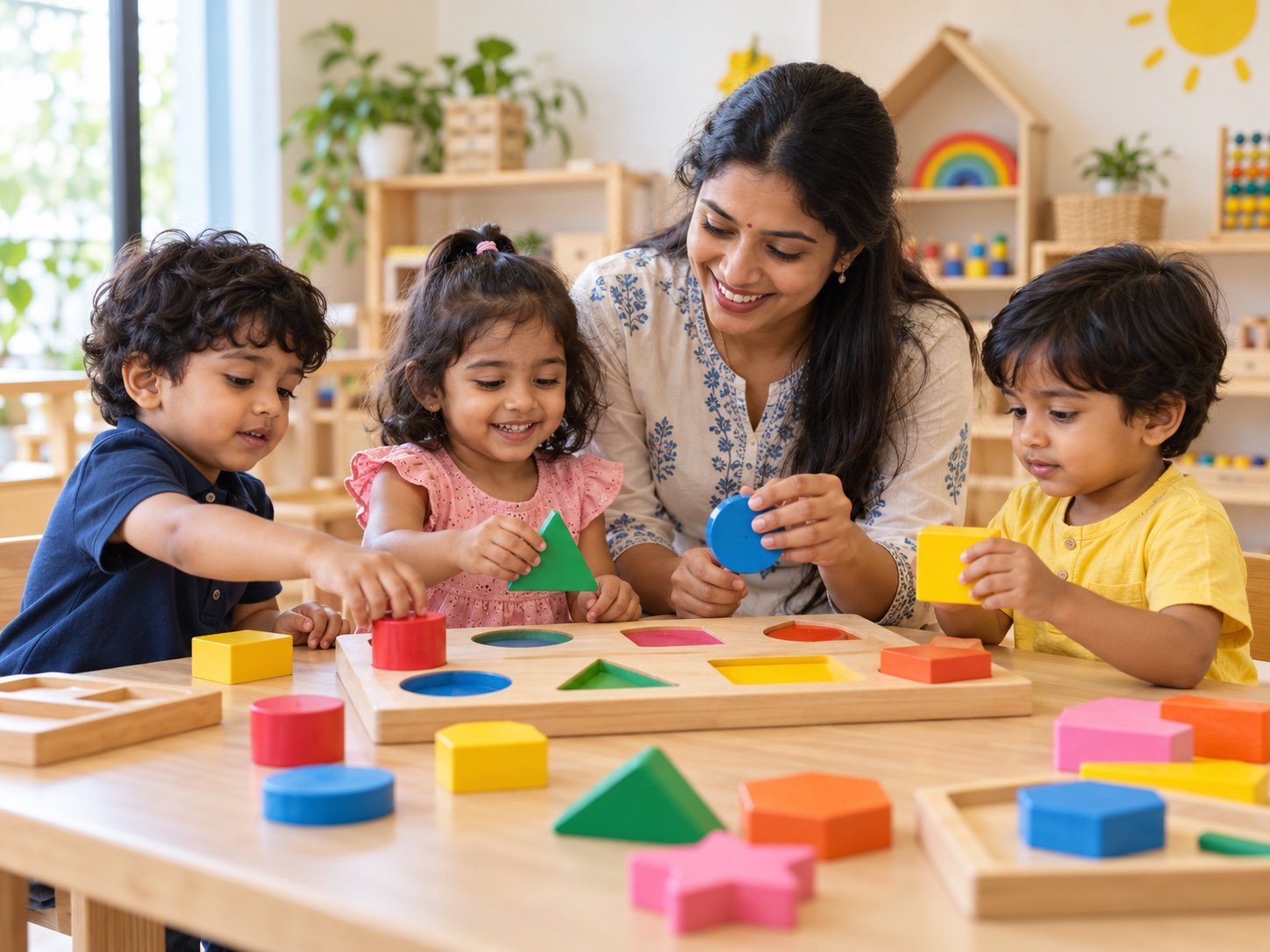 Children learning colors and matching shapes with an educator