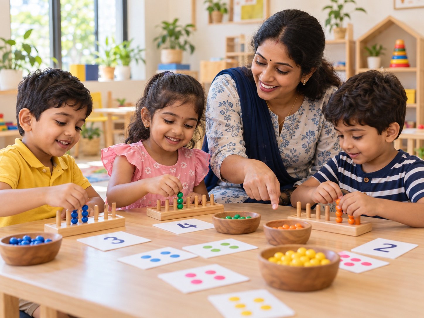 Children practising early numeracy with counting beads and number cards