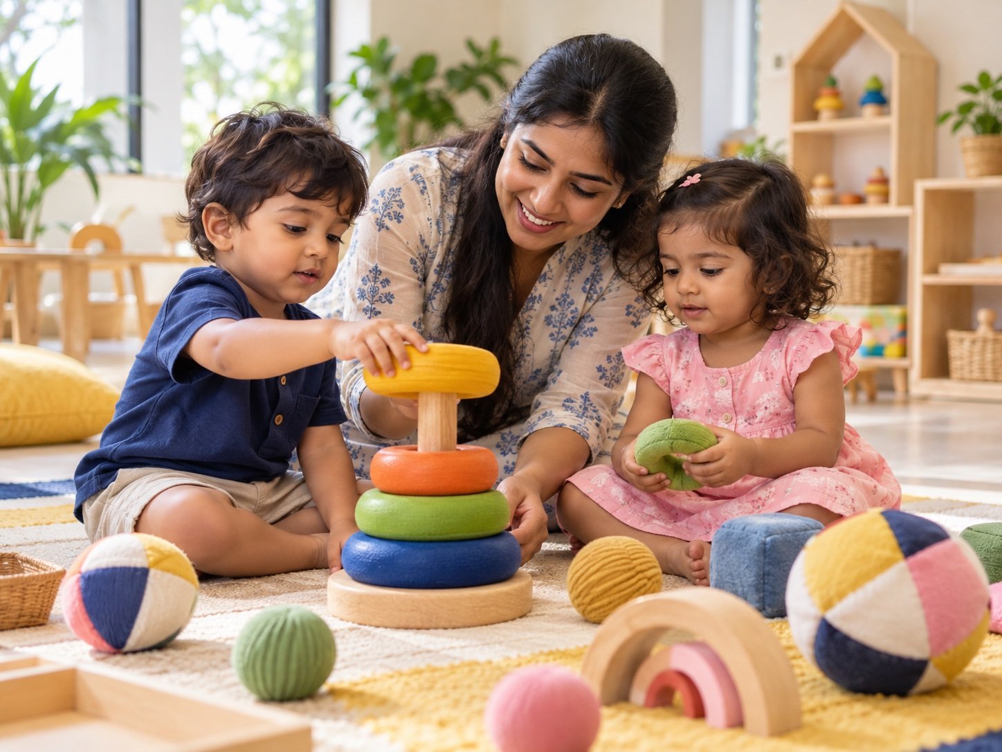 Toddlers exploring stacking rings and sensory toys with an educator
