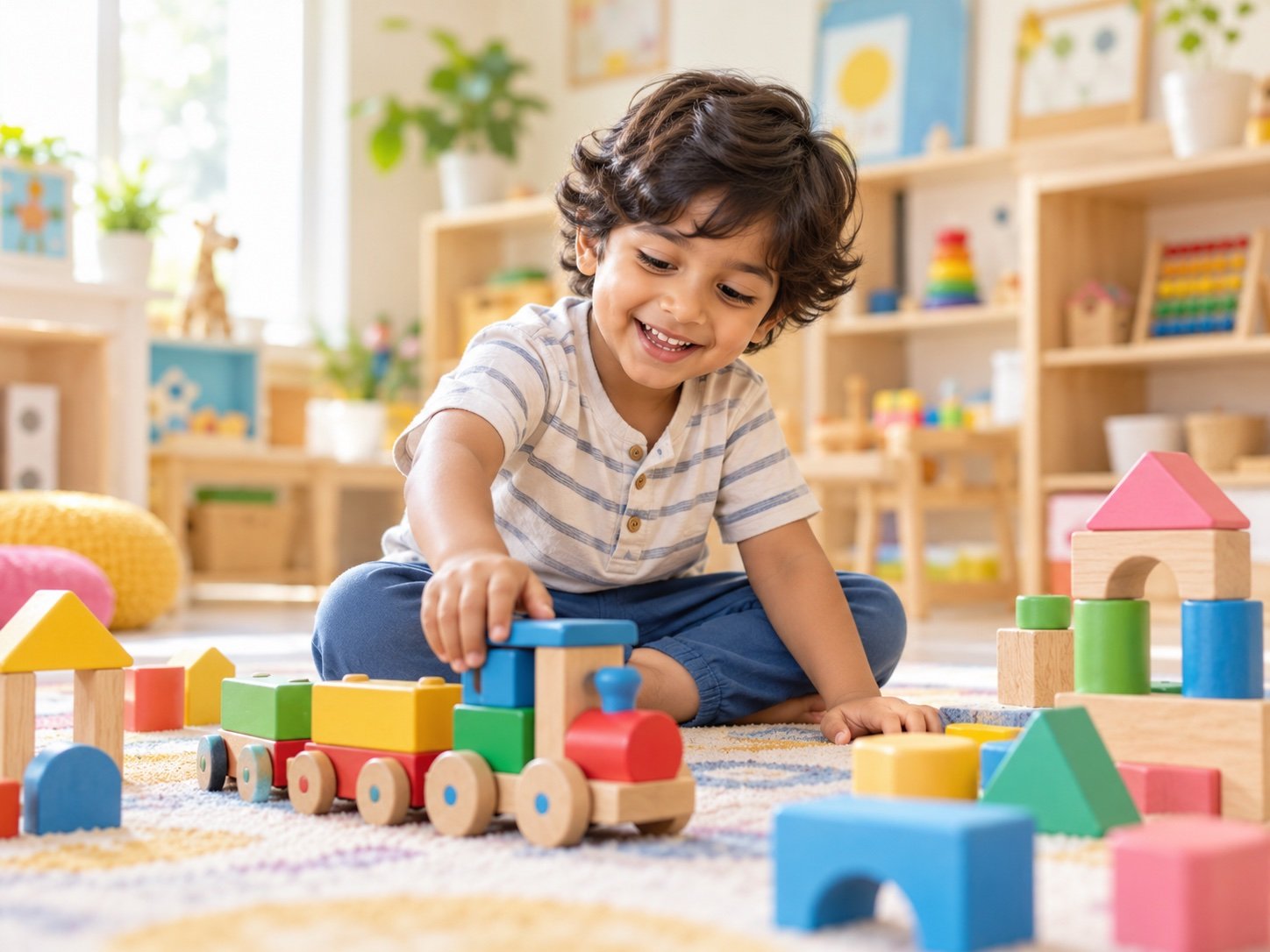 A smiling young boy playing with a wooden toy train and colorful blocks